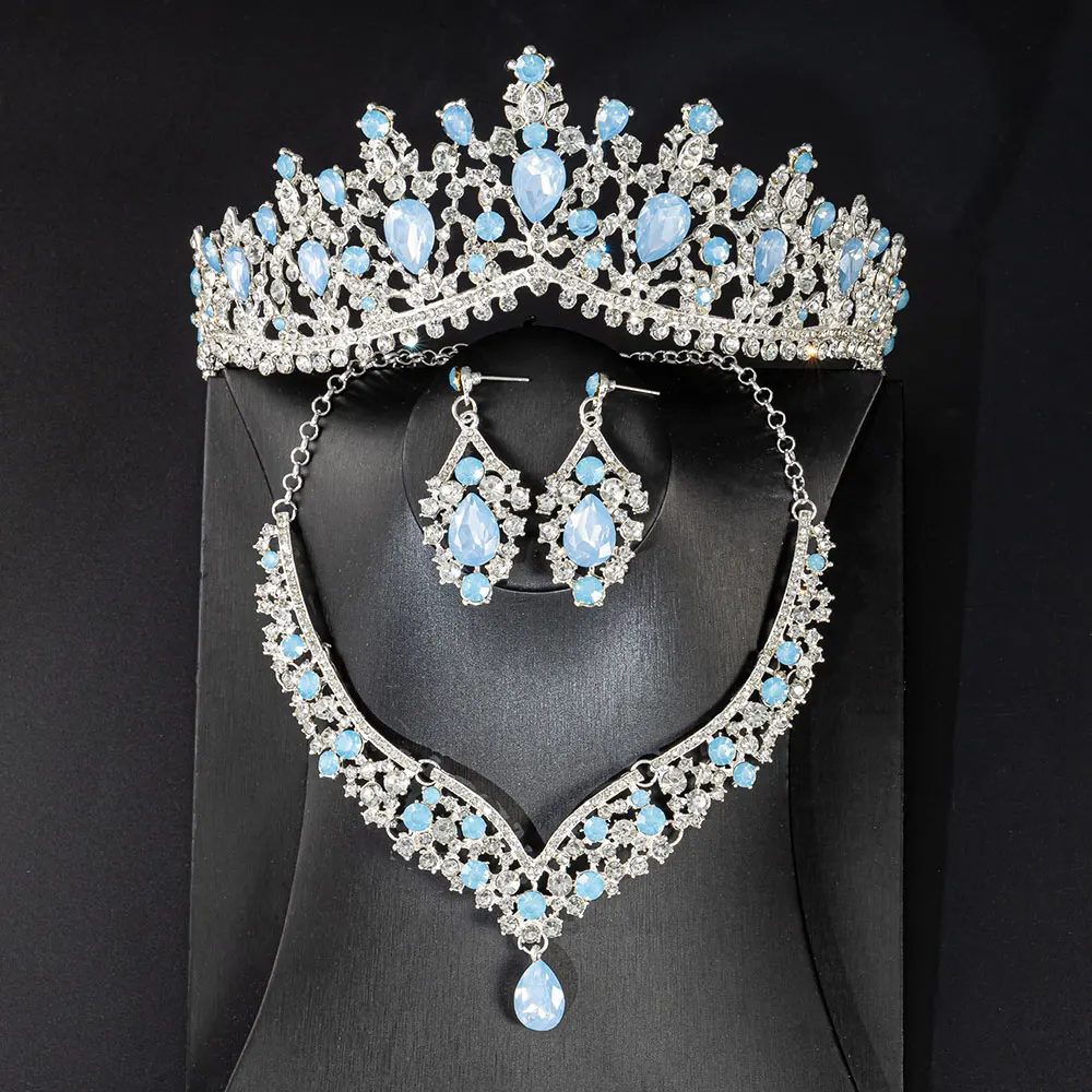 KMVEXO Gorgeous Crystal Opal Bridal Jewelry Sets Fashion Tiaras Earrings Necklaces Set for Women Wedding Dress Crown Jewelry Set view 3