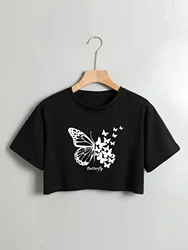 Short Sleeve Butterfly Print Crew Neck Crop Top - Soft  Blend Micro Elasticity Semi-Sheer Sexy Style - Perfect for Spring