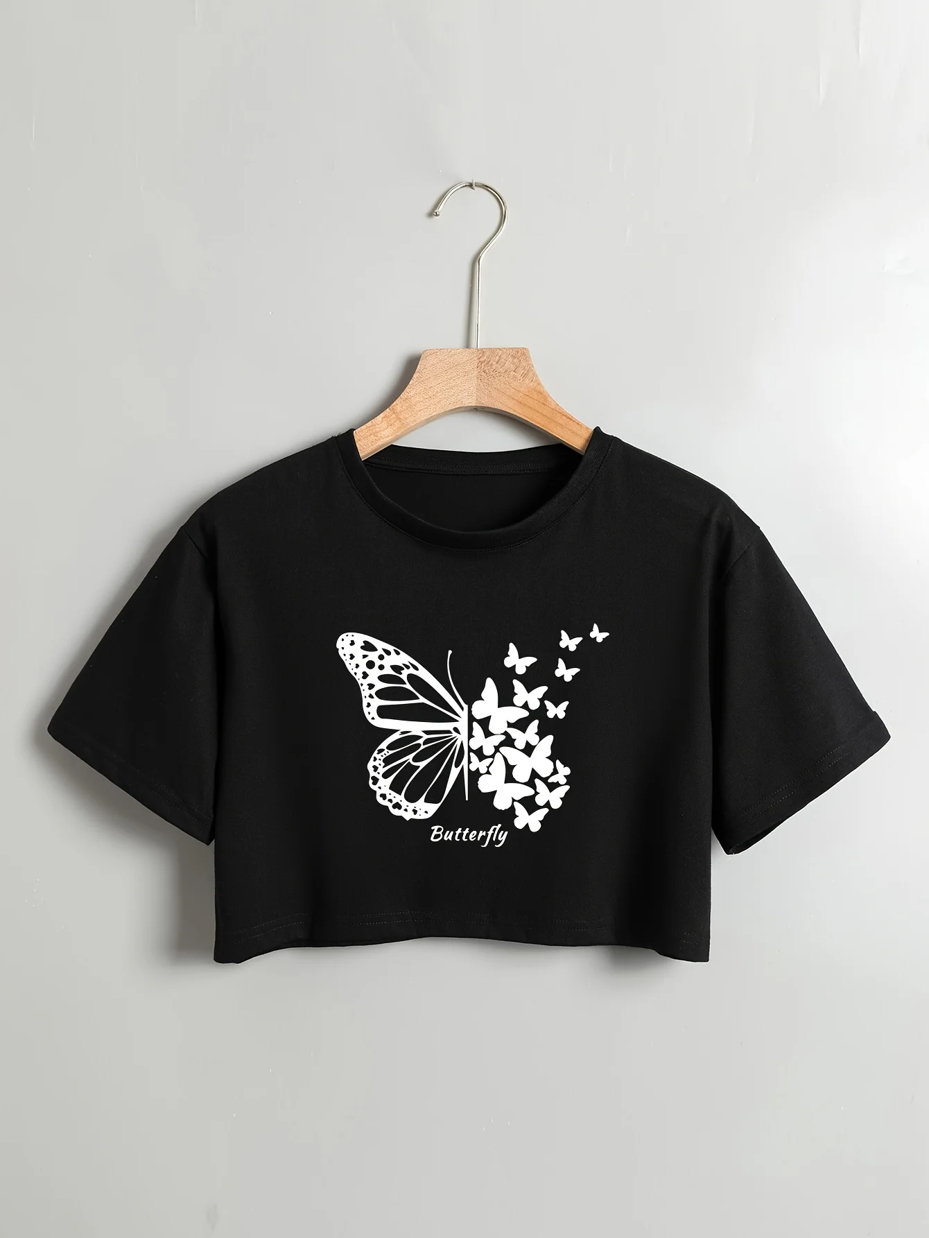 Short Sleeve Butterfly Print Crew Neck Crop Top - Soft  Blend Micro Elasticity Semi-Sheer Sexy Style - Perfect for Spring