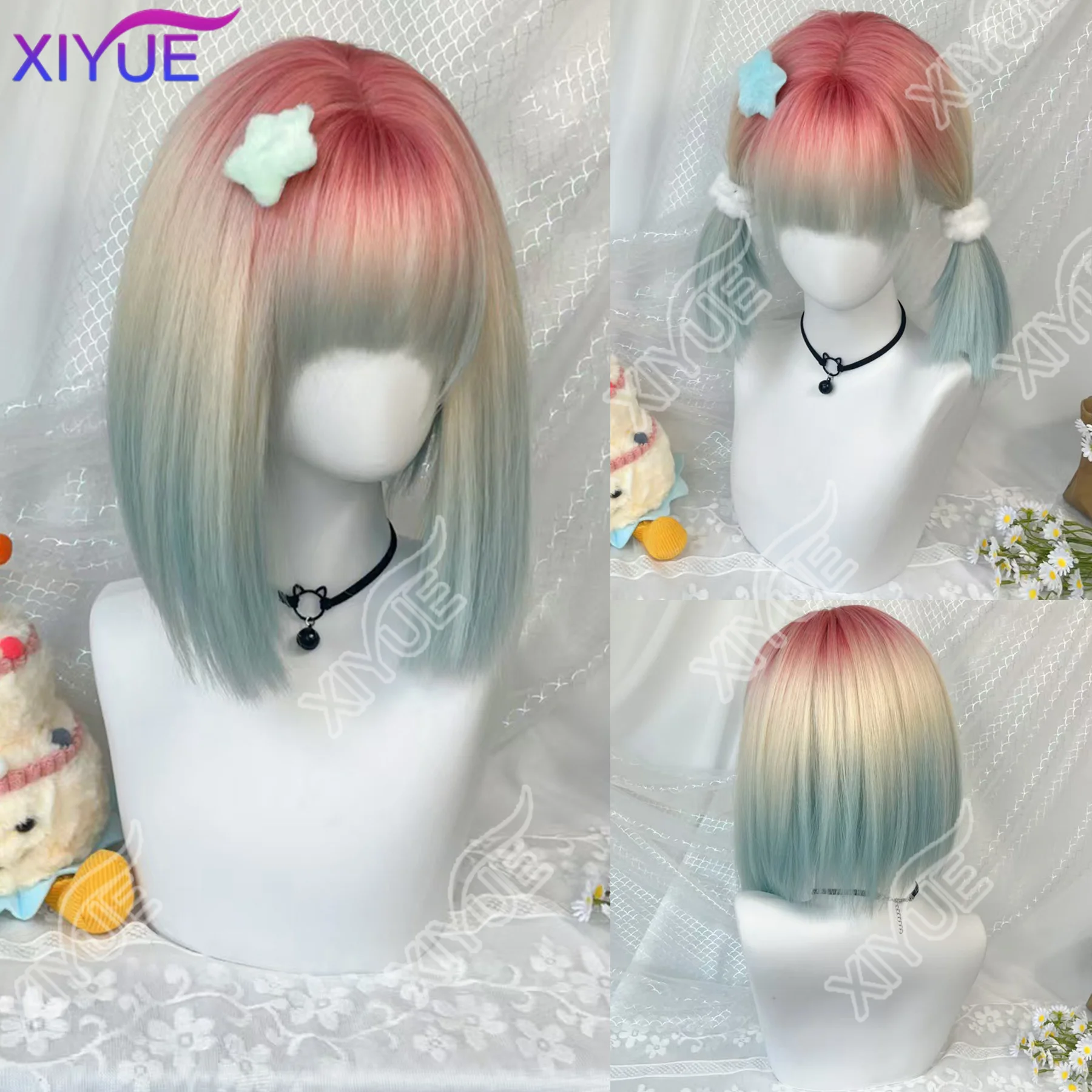 

Синтетический розовый градиент синего цвета, короткий прямой парик для женщин с челкой, градиентные блики, парики Лолиты Боб, парик пастельный