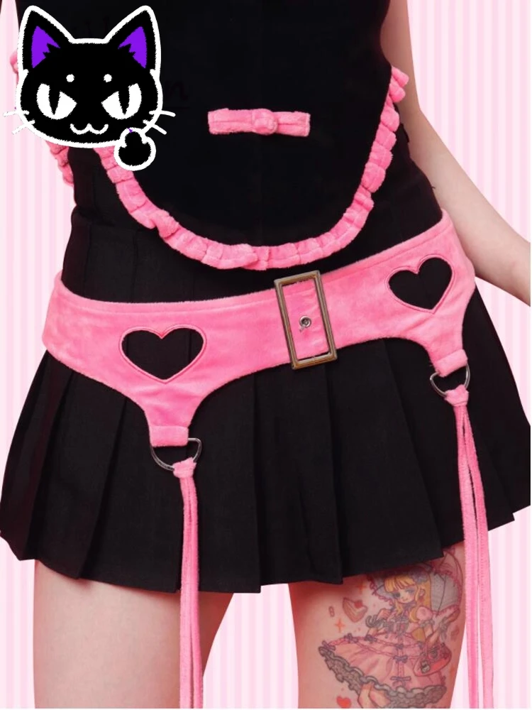 2025 misa hot sale Harajuku Punk Pink Hollow Out Love Heart Waist Belt Lace-up Decoration Belt Y2K Aesthetic Women Chic Waistban