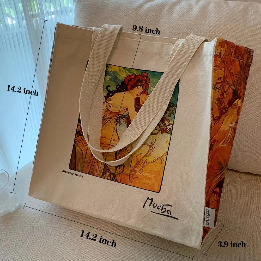 Canvas Tote Bag Aesthetic Vintage, Oil Painting Graphic Trendy School Tote Bags with Zipper Interior Pockets Shoulder Tote Bags