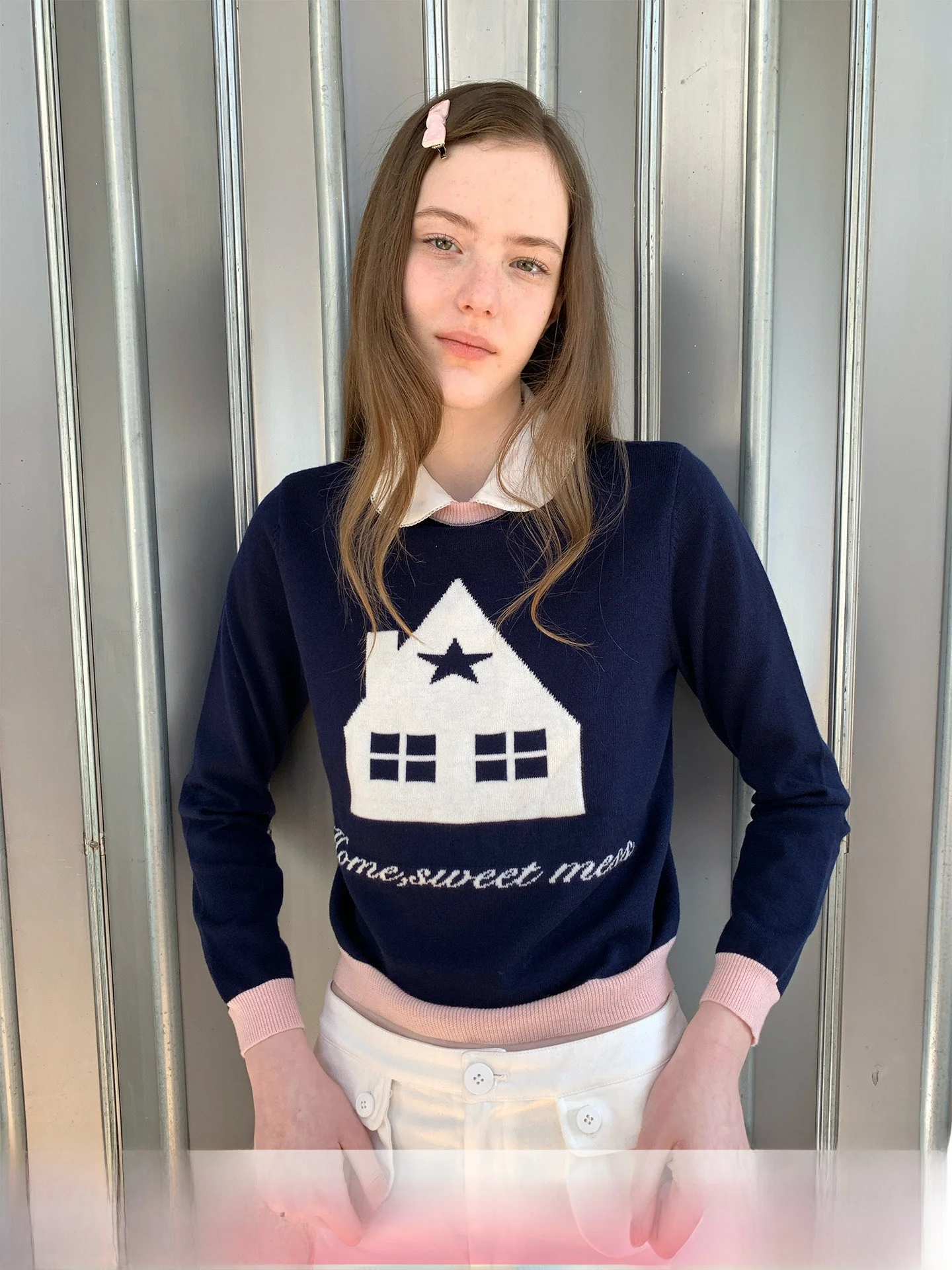 

Удобный круглый вязаный свитер SOOMIE для женщин, свободного кроя, повседневный, розово-голубой, с лоскутным дизайном «Маленький домик»