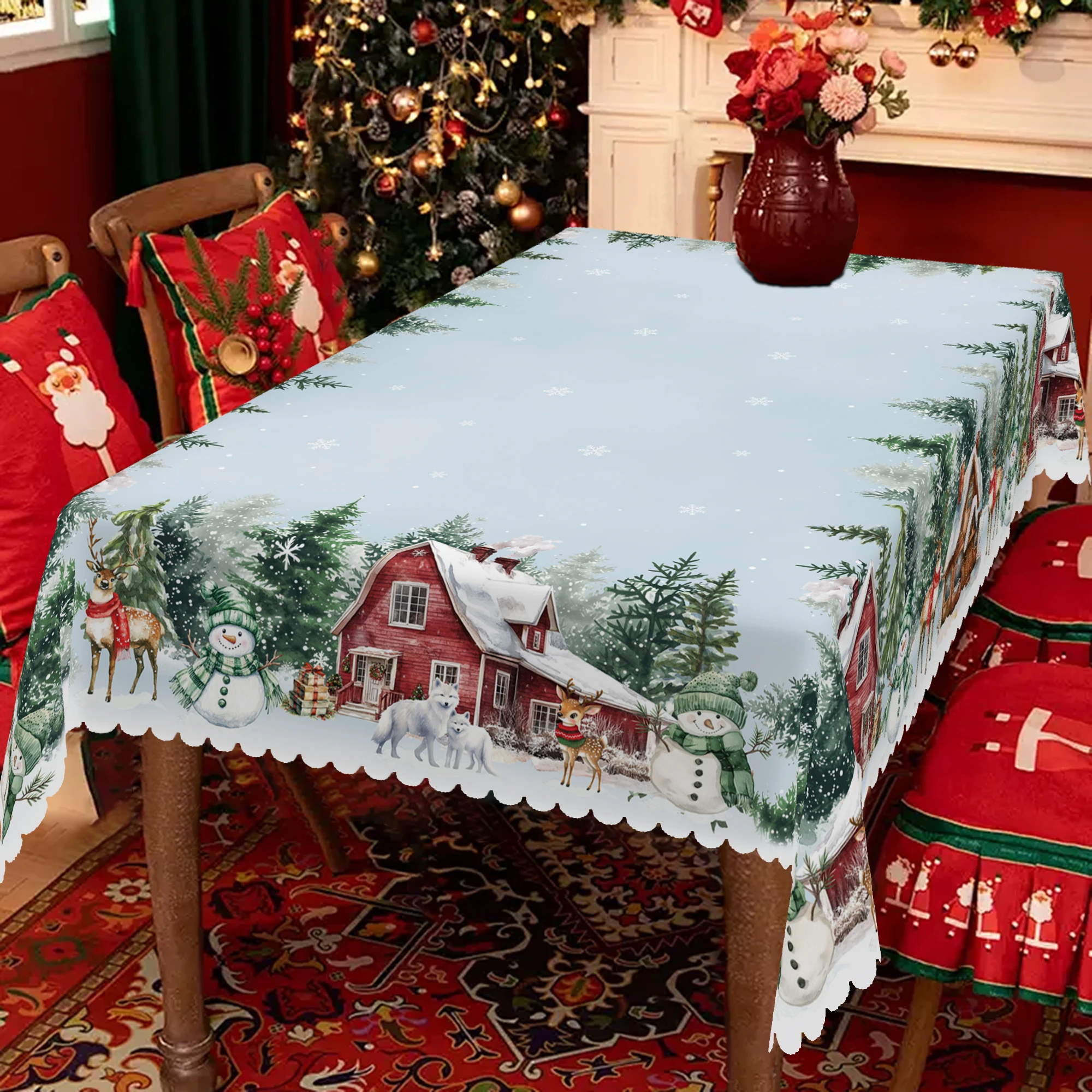 1 Piece Christmas Round and Rectangular Tablecloth, Various Sizes, Christmas Snowman, Forest Scenery Pattern Snowflake Blue Tablecloth for Daily Home Kitchen, Terrace, New Year Gift
