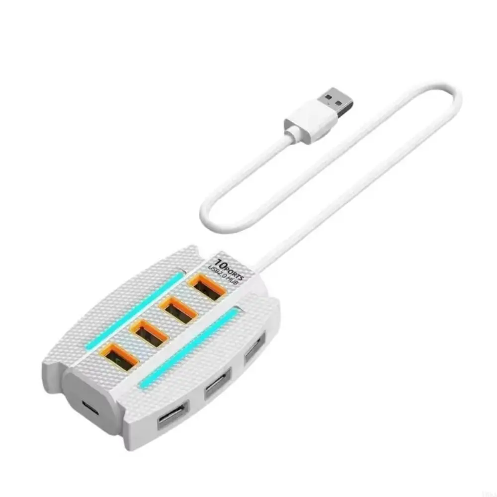 RGB Backlight 10 Ports USB 2.0 Splitter USB Adapter Extend 10 in 1 USB2.0 HUB Data Transfer Multifunction USB Port Expander