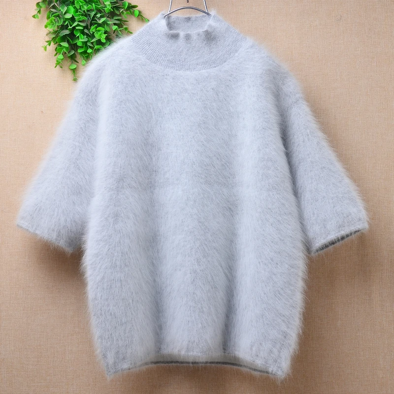 04 Ladies Women Vintage Fall Winter Hairy Angora Rabbit Hair Knitted Short Sleeves O-Neck Slim Blouses Pullover Sweater Vest Top