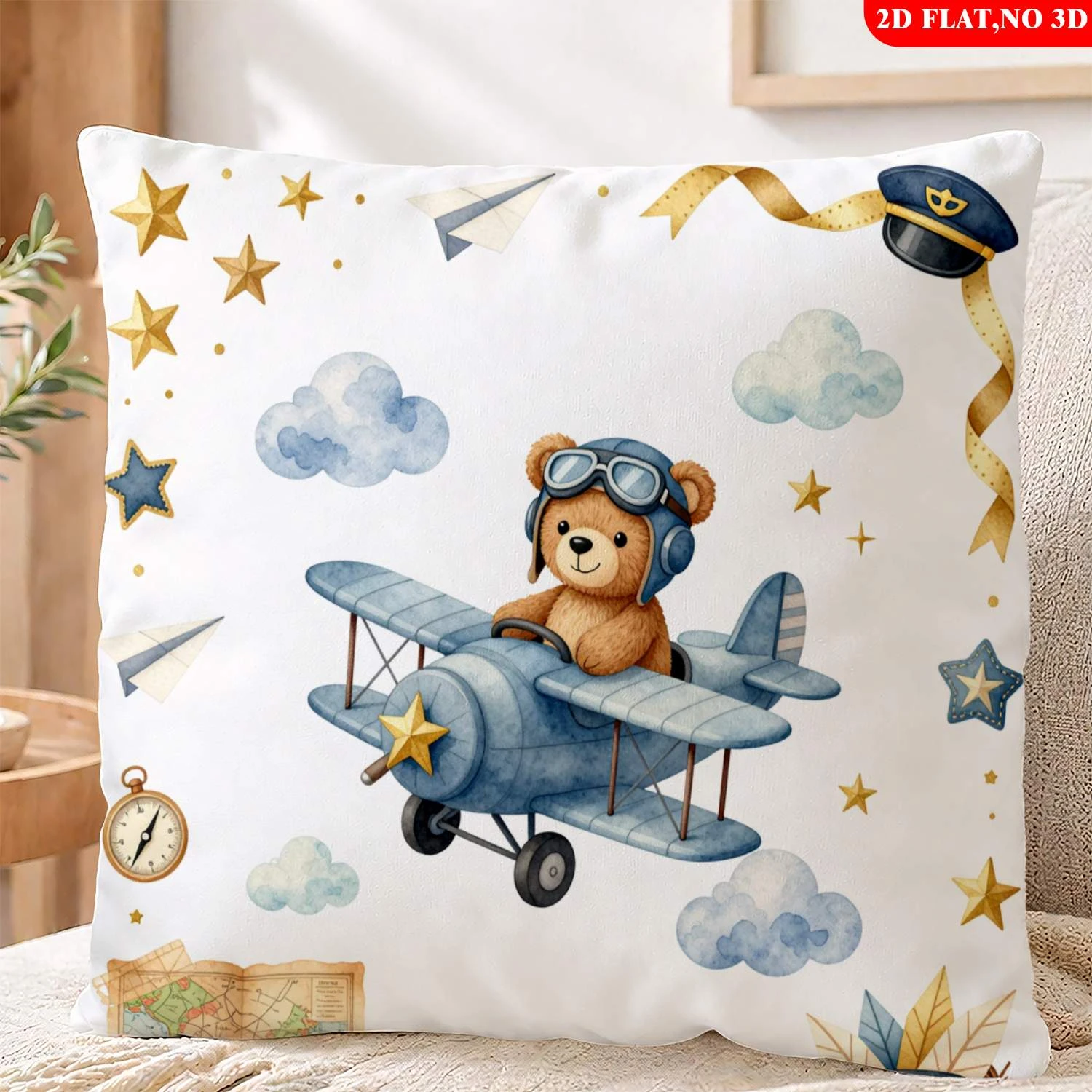 1pc Pilot Teddy Bear Throw Pillow Cover Watercolor Airplane Adventure Nursery Decor Cushion Case for Kids Bedroom