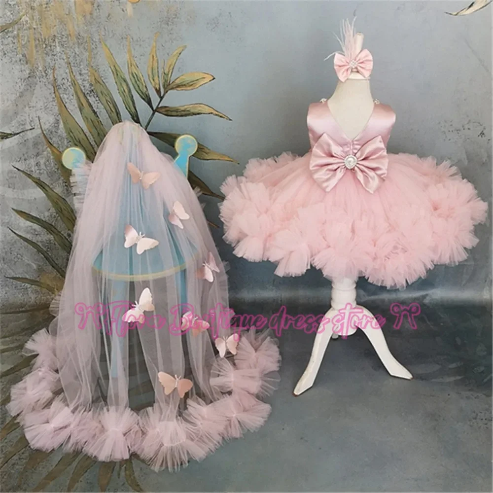 Customiz Puffy Girl Dress Pink Baby Dress Flower Girl Dress with Train Bow Cute Children's Kids Birthday Dresses First Communion