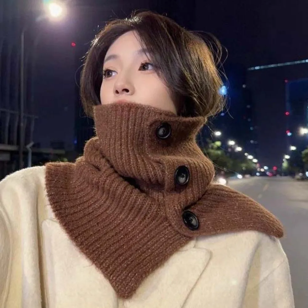 Retro Design Knit Neck Warmer Solid Color Cozy Texture Winter Neck Gaiter Stretchy Fabric Windproof Layer Button Knit Scarf