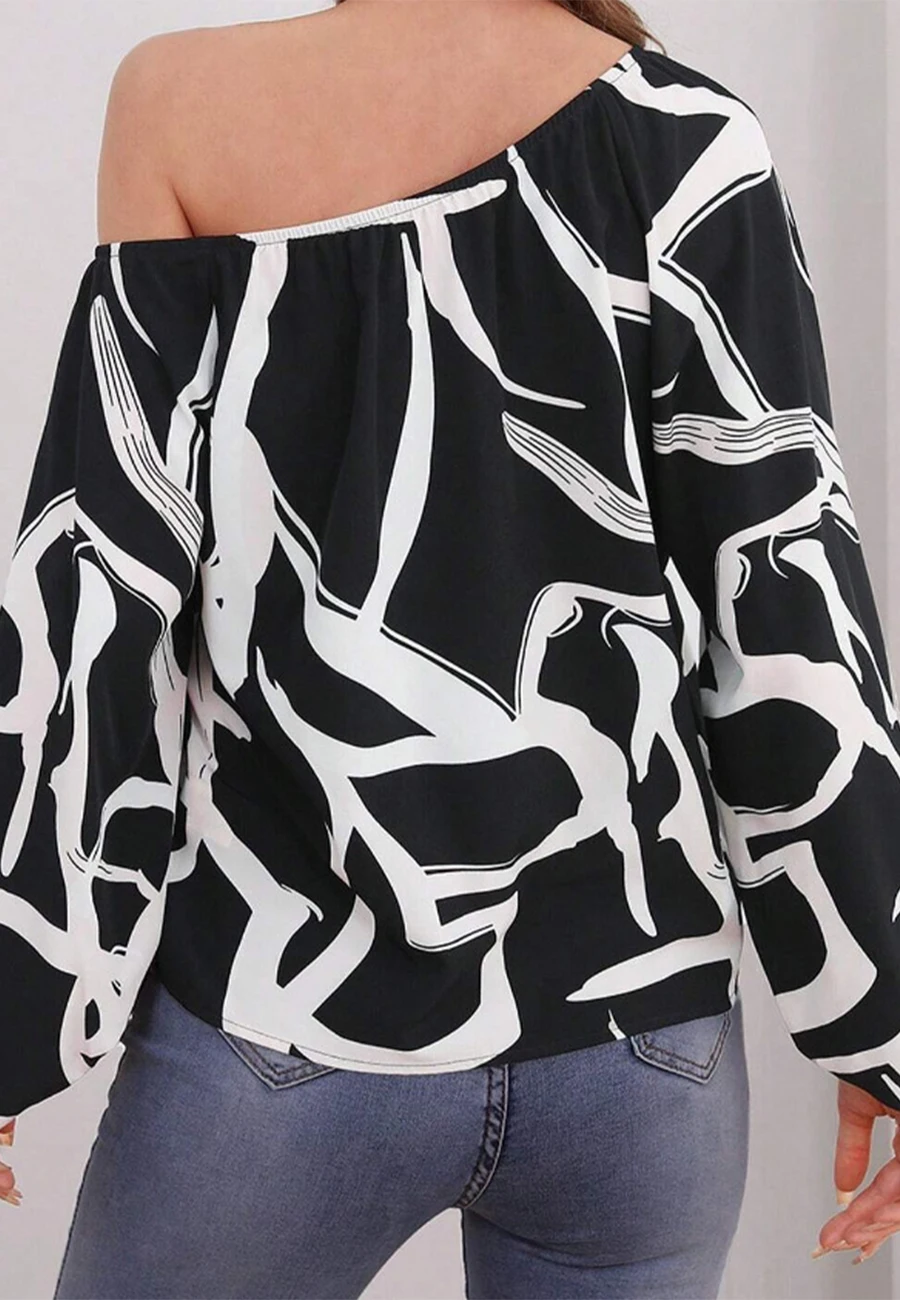 Two Tone Printed Asymmetrical Off Shoulder Balloon Long Sleeve Top One Shoulder Blouse for Women