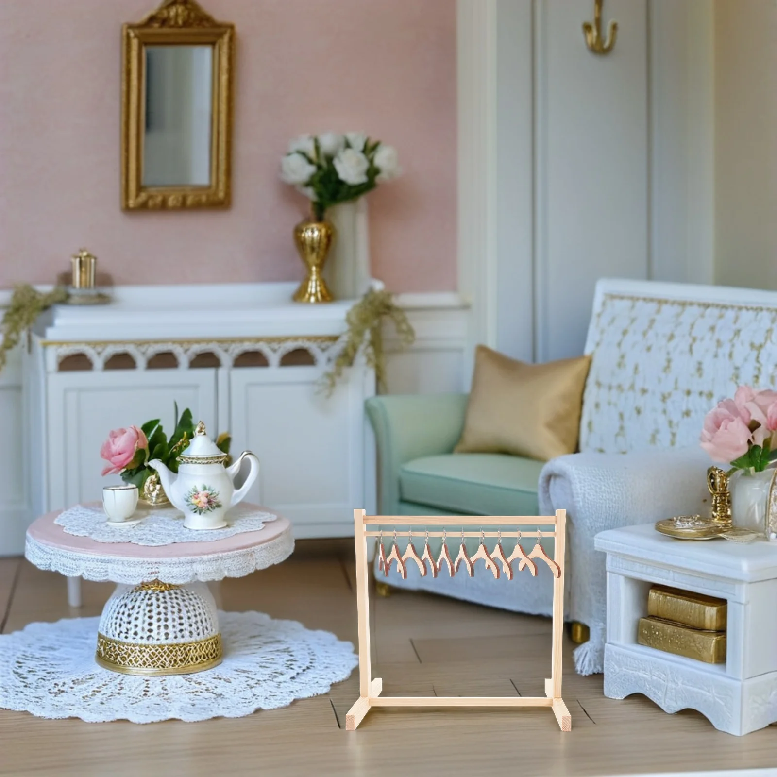 Miniatur-Kleiderständer aus Holz für Puppenhaus, 1 Set, kleiner Kleider-Organizer, Ausstellungsständer, Kleiderbügel, Babyparty-Geschenk