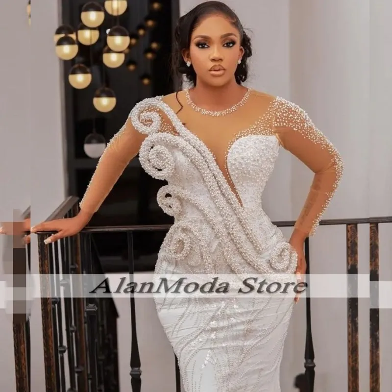 

Luxury Major Beading Evening Dresses Long Sleeves Pearls Aso Ebi Mermaid Party Gowns Custom Made Sheer Neck Wedding Guest Dress