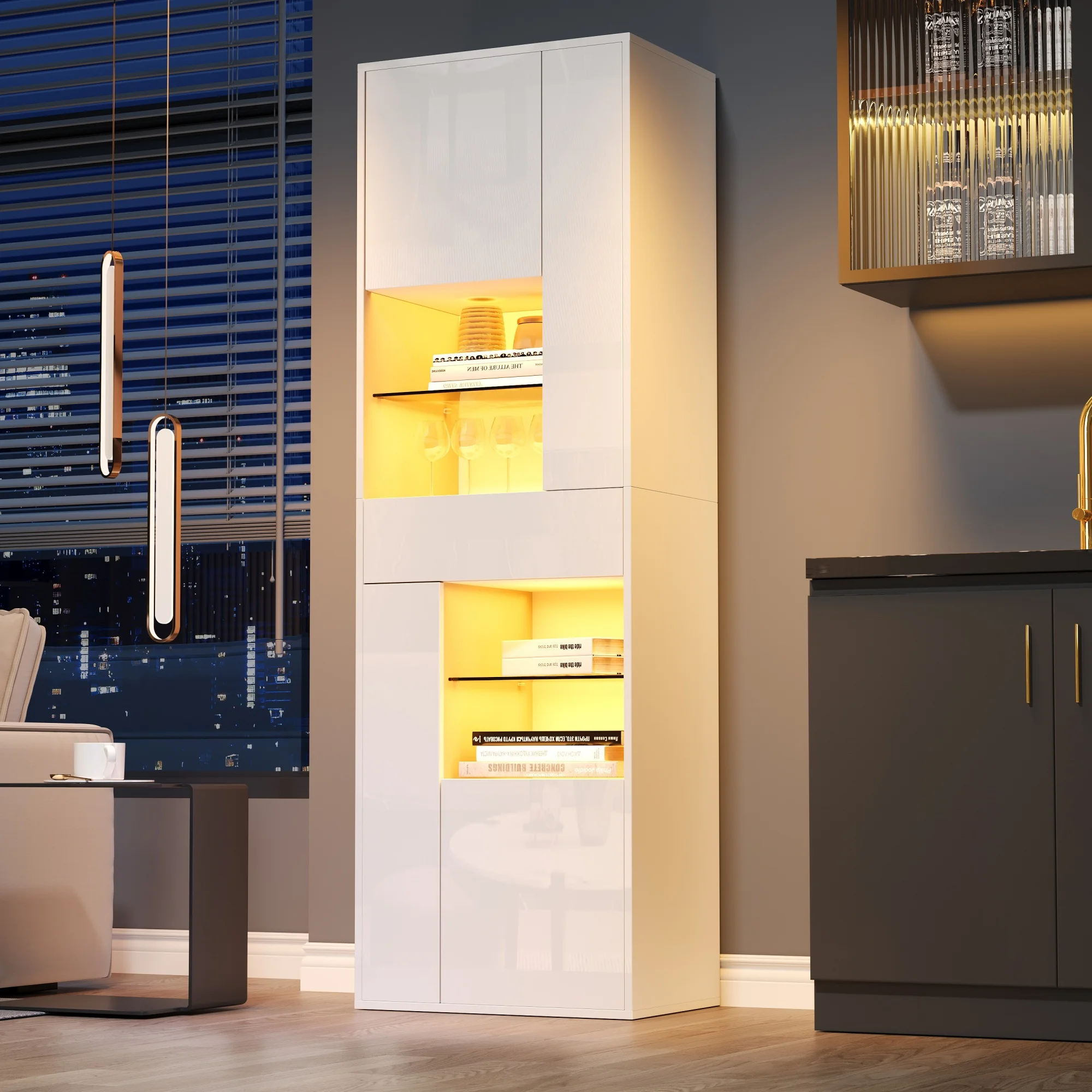 Vitrine blanche haute brillance 55 x 38 x 170 cm avec éclairage LED, vitrine haute en verre avec 1 tiroir et 4 portes, étagères réglables, 11 compartiments de rangement, fixation murale anti-basculement pour salon