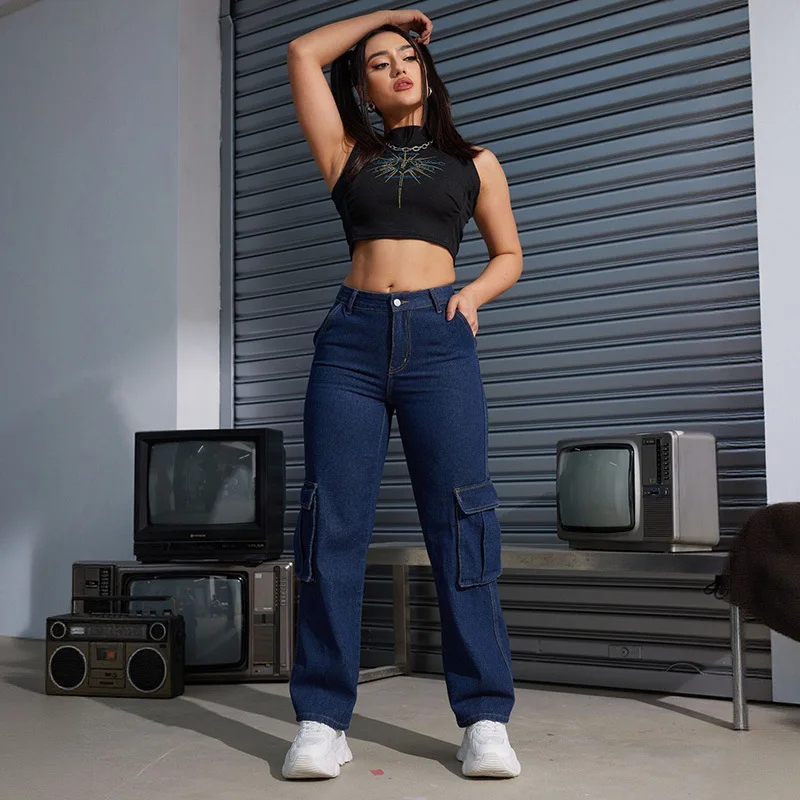 New Women's Casual High-waisted Tooling Jeans Straight-leg Trousers