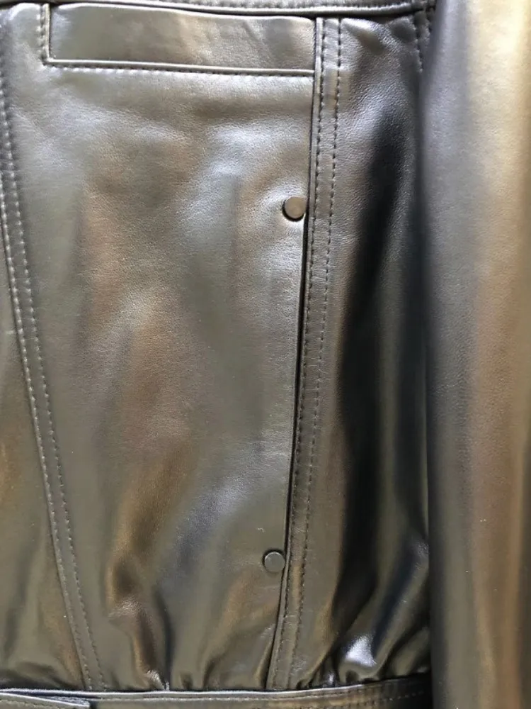 Estilo conciso cor sólida couro genuíno feito à mão jaqueta solta manga longa pele de carneiro zíper bolso feminino casaco de alta qualidade