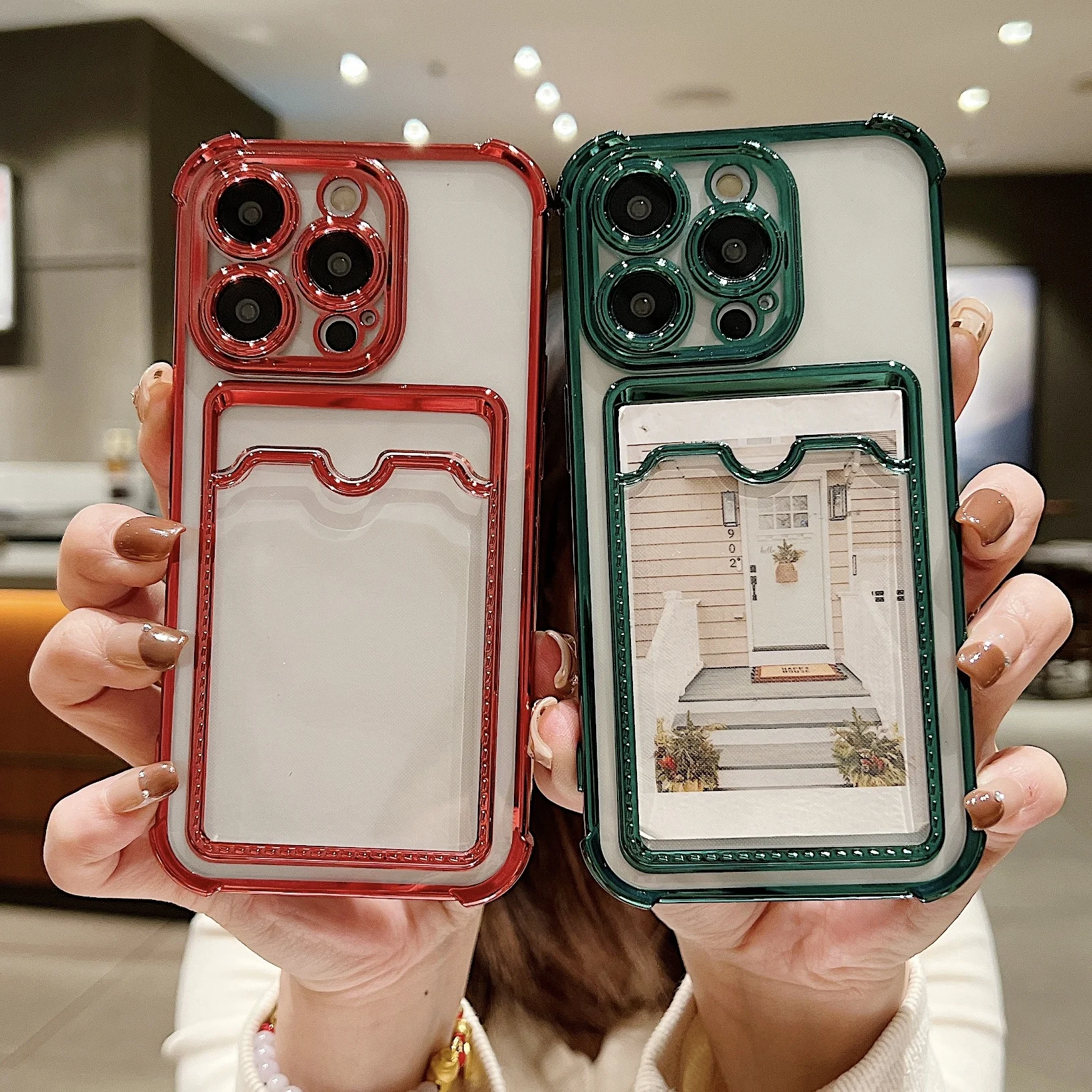 Luxury Plating Transparent Wallet Card Holder Phone Case For iPhone  15 14 13 12 11 Pro Max Plus Card Slot Shockproof Soft Cover image 2