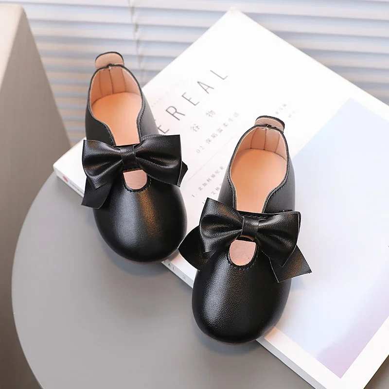 Baby Girl\'s Mary Janes Big Bowknot Soft Pu Leather 21-30 Children Flat Shoes Black Beige Stylish Sweet Comfy Kids Princess Shoe