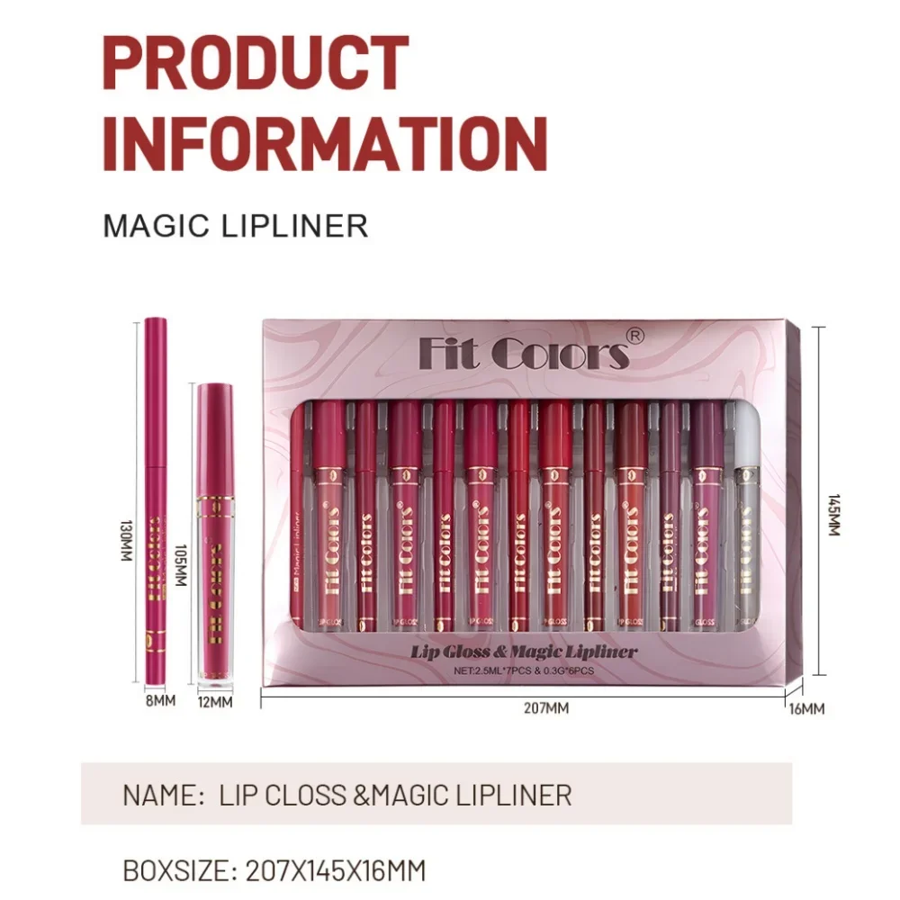 Fit Colors Lips Makeup Set Sexy Lip Gloss&Magic Lip Liner Set Matte Non-Sticky Long Lasting Waterproof Non-Stick Cup Lip Glaze