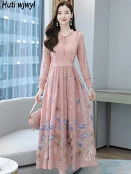 Autumn Winter Embroidery Floral Chic Ruffled Collar Dress Women Pink Casual Long Dress 2024 Elegant Luxury Party Night Vestidos