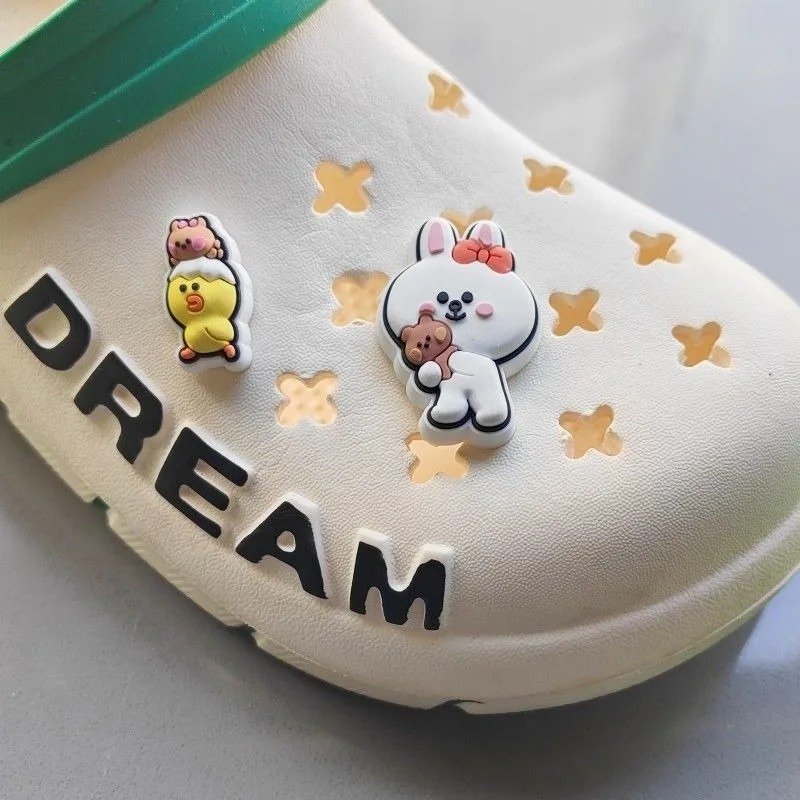 Line Friends Brown Anime Kawaii Girls Beach Shoes New Flower Shoes DIY Cartoon Cony Summer Home Sandals Decorative Buckle Gift