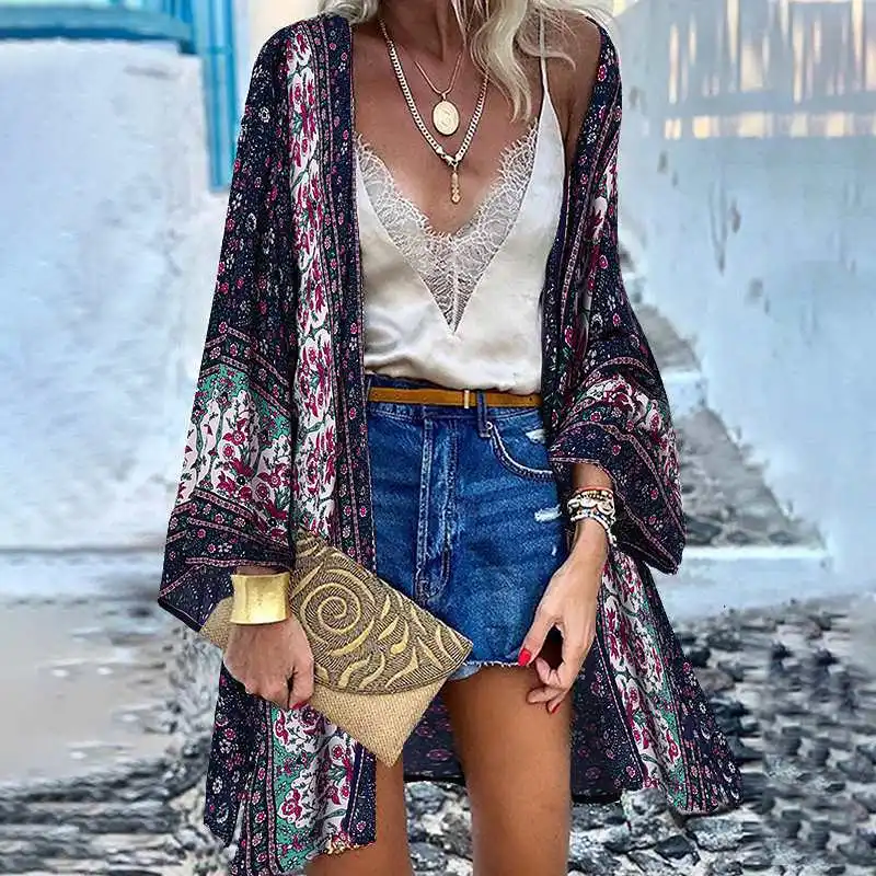 2024 New cardigan open front Bohemian ethnic style floral print women\'s kimono casual loose beach top spring and autumn coat