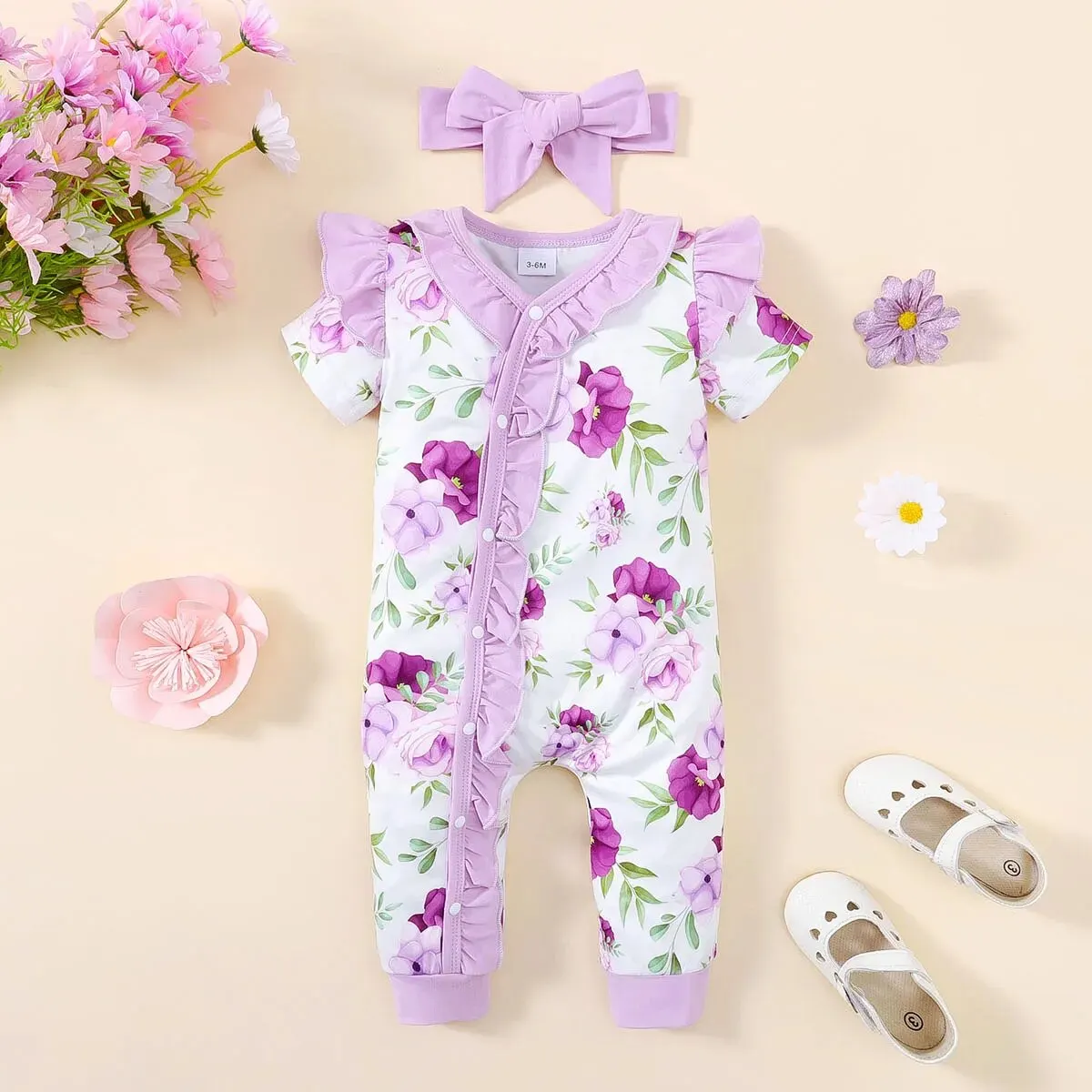 Summer Newborn Infant 0-1 Years Old Baby Girls Romper Short Sleeve A Flower Print Kids Soft Baby Casual Clothing