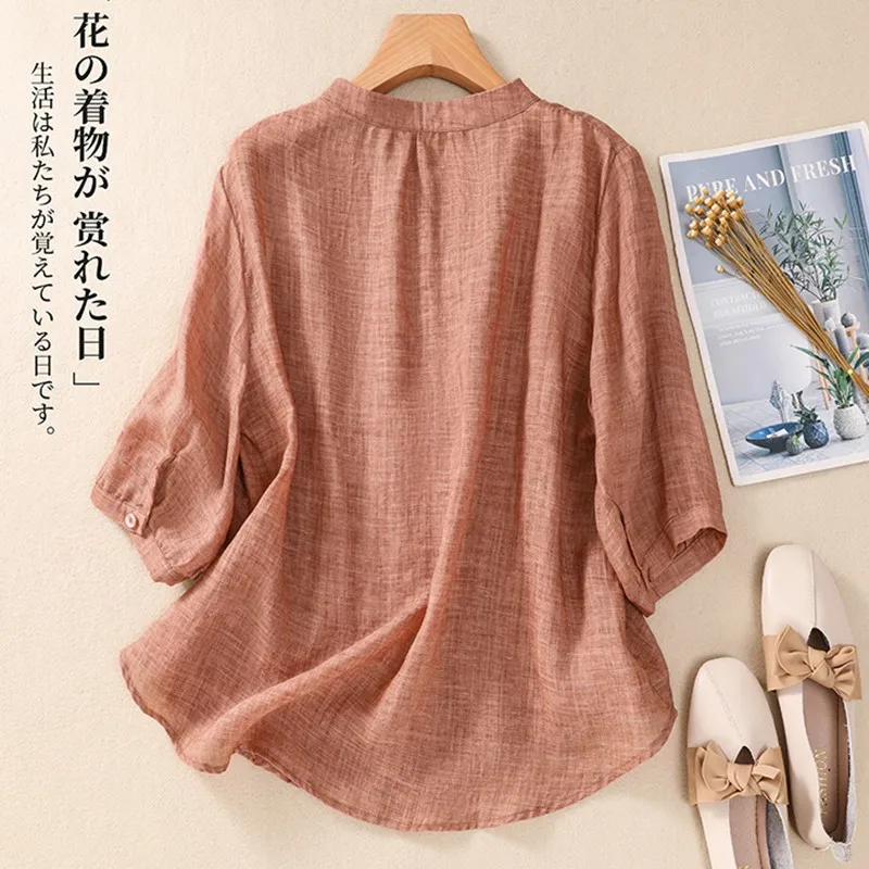 Women Casual Cotton Shirt New 2024 Summer Vintage Style Stand Collar Solid Color Loose Female Half Sleeve Tops Shirts B3724