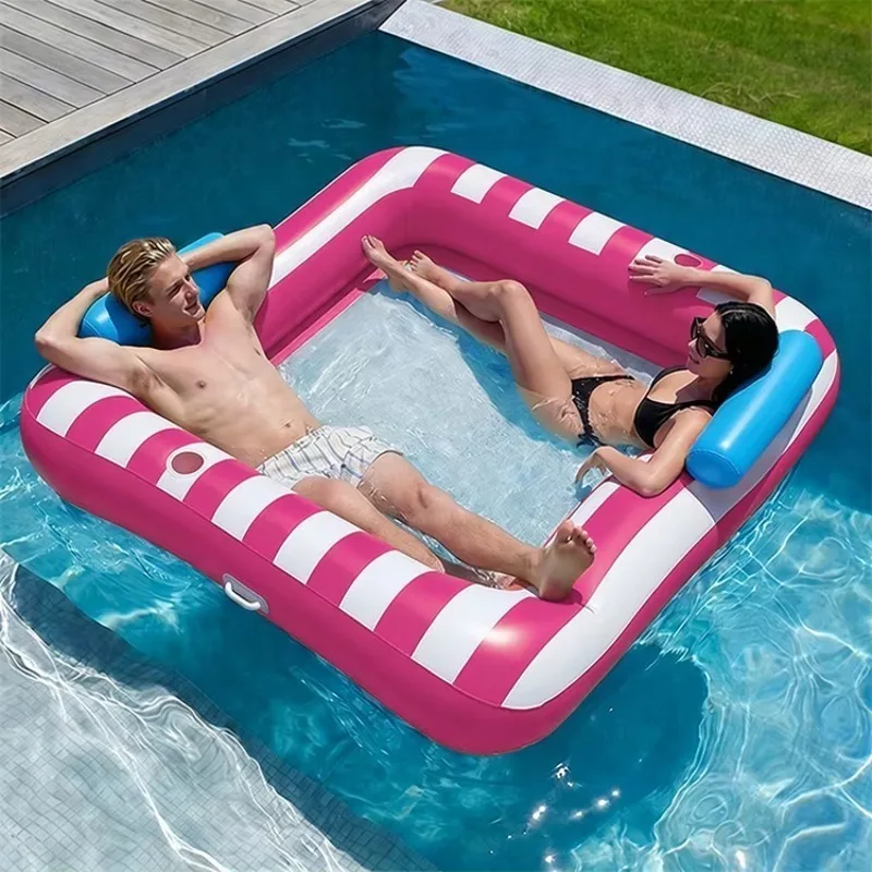 Square Stripe Mesh Inflatable Float With Backrest, Thick PVC Adult Water Lounge, Breathable Net Floating Bed for Pool