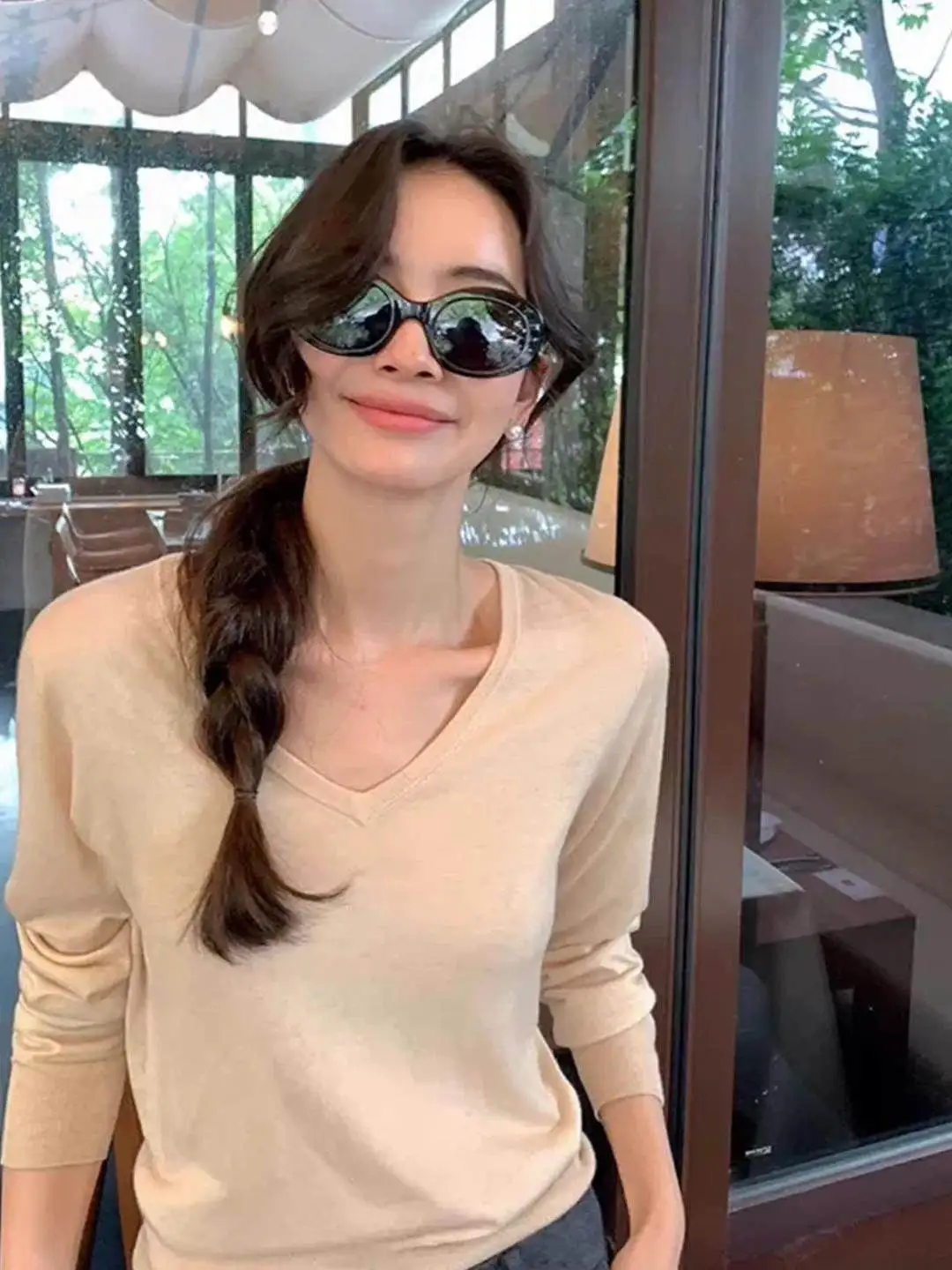 

Korean Sle Loose Thin Long Sve V-Ne Wool Knitted Sweater Women's Spring Autumn Versatile Base Layer Wool irt