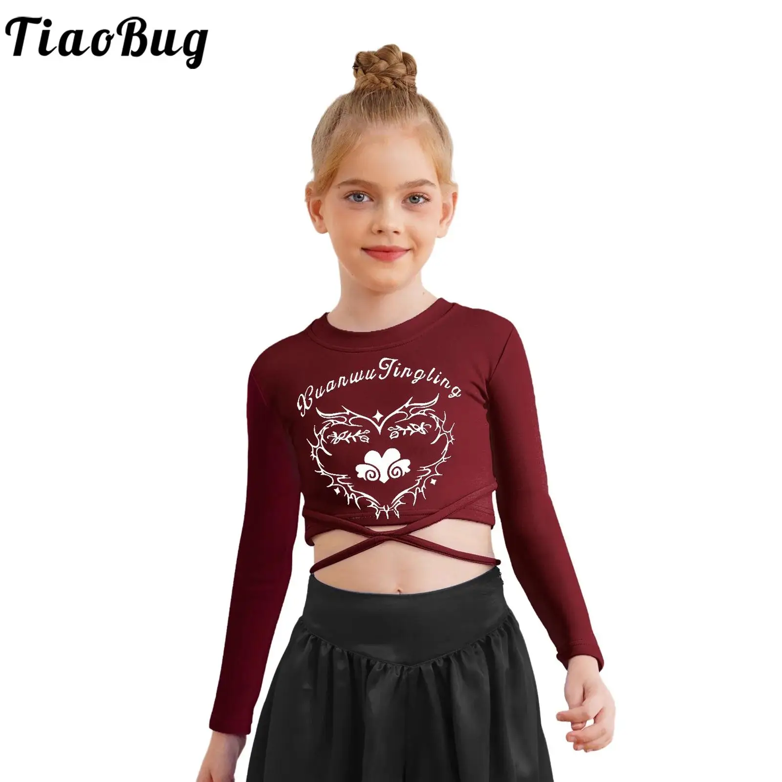 Girls Hip-Hop Jazz Dance Crop Top Lace-up Letter Heart Printed Long Sleeve Athletic T-shirt Children Fashion Clothes Streetwear