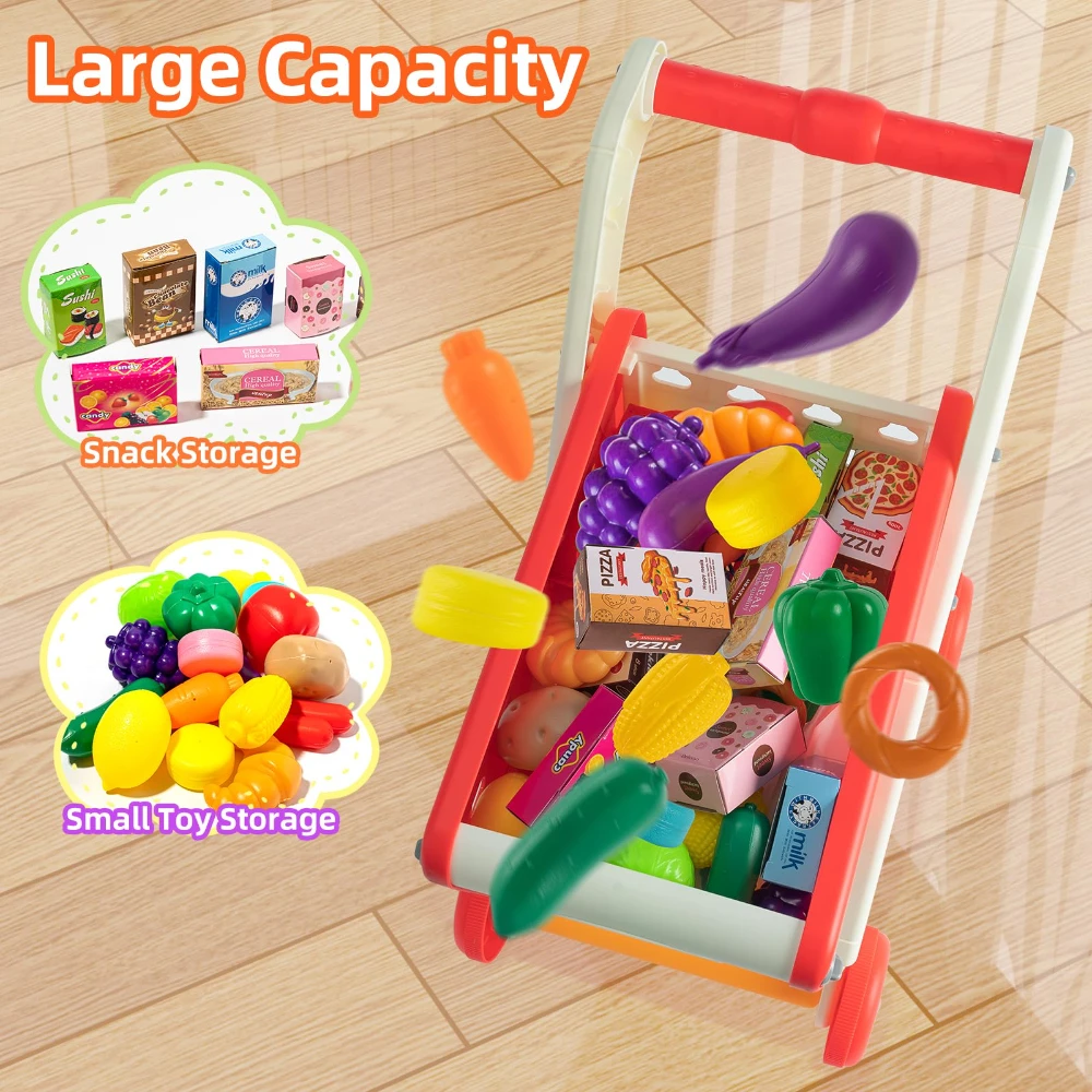 WizKidz Kids Shopping Cart Toy Grocery Trolley With Pretend Play Food Set Supermarket Playset Accessories For Toddlers Aged 3+