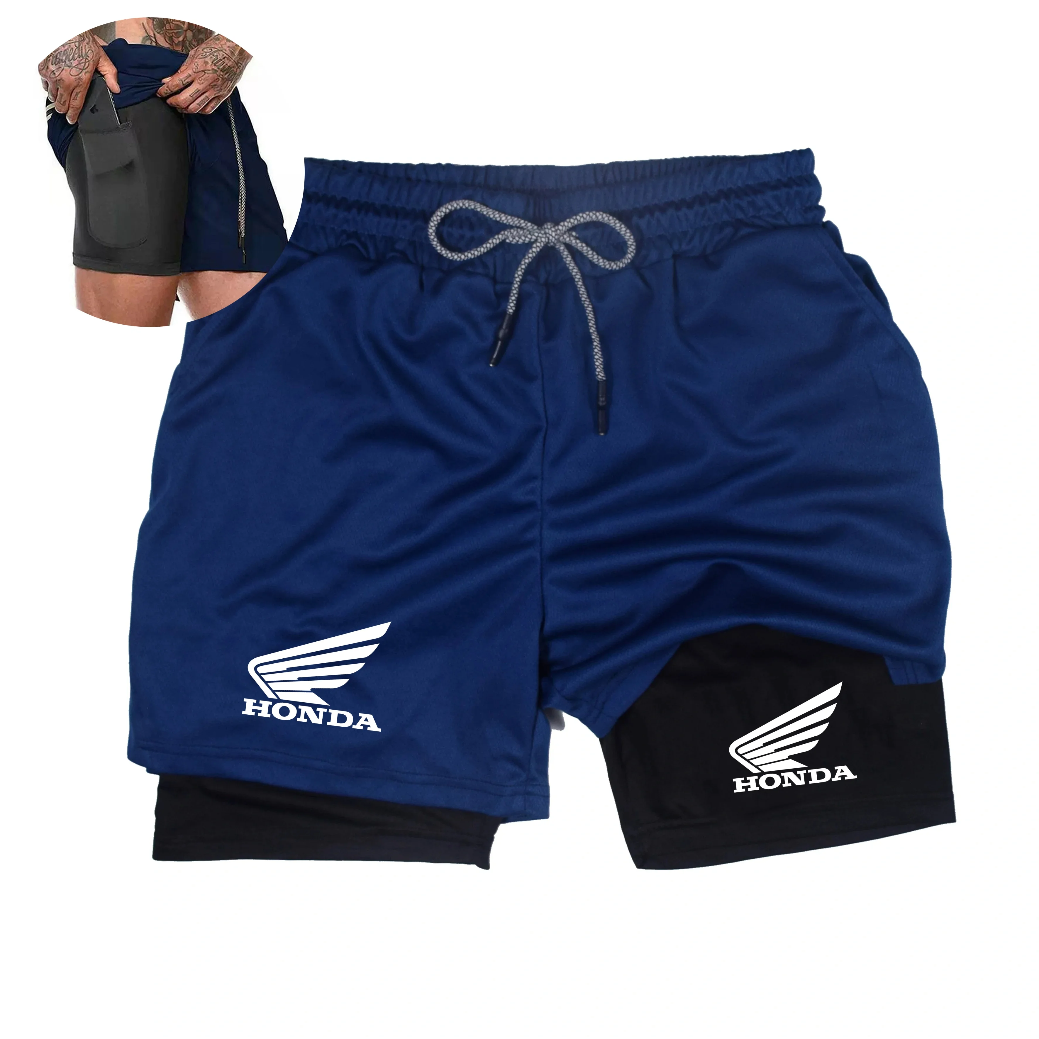

Новые мужские спортивные шорты Honda 2-в-1, дышащие, повседневные, быстросохнущие двухслойные шорты, летние спортивные шорты для бега