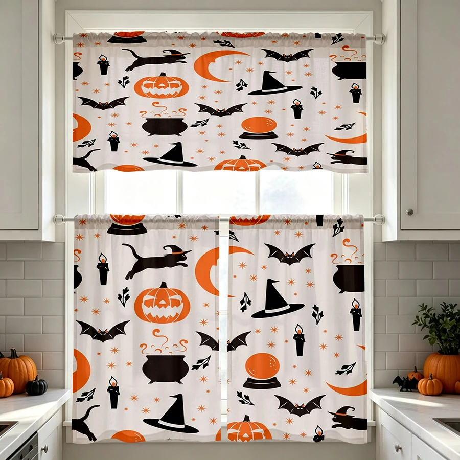 Halloween Fall Kitchen Curtains, Black Cat Cauldron, Digital Print, Kitchen Dining Room, Rod Pocket Polyester, Home Decor