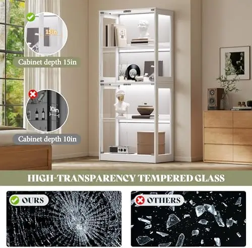 RGB Display Cabinet with Adjustable Glass Shelves, 4-Tier Storage Case with LED Lights & Press-to-Open Doors, Modern view 6