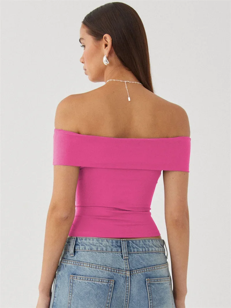 Women Bustier Off The Shoulder T-Shirt Sexy Backless Slim Fit Stretch Tops Summer Solid Color Daily Casual Commuter Female Tees