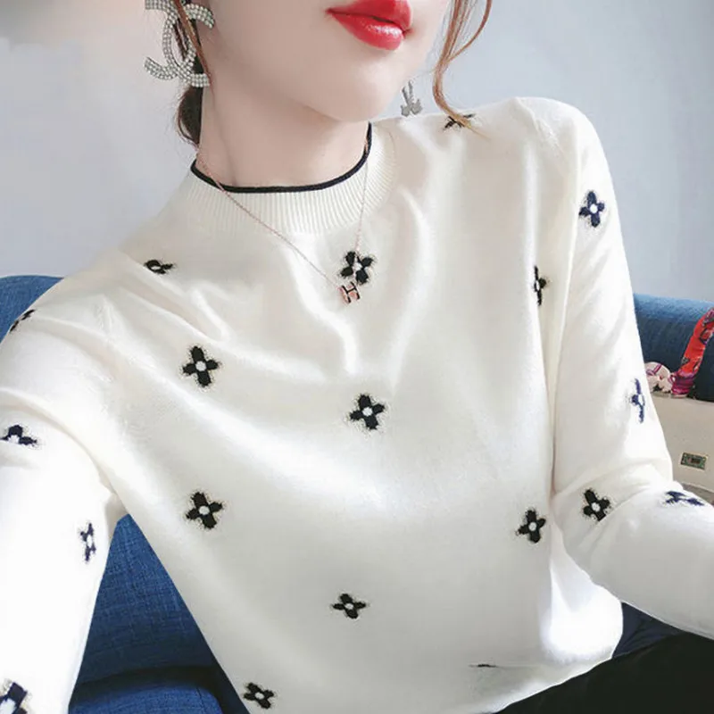 Women Sweater Autumn Winter Exquisite Embroidery Knitwear  2021Female New Slim Bottom Shirt Korean Knit Sweater Women Pullover