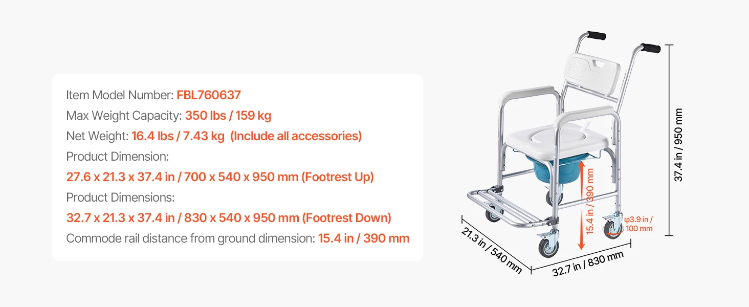SucceBuy 350 lbs Bedside Commode Chair with Wheels 4-in-1 Portable Raised Toilet Seat with Padded Seat/Backrest/Flip-up Footrest
