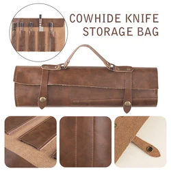 Portable Two-layer Cowhide Chef Knife Bag Leather Waterproof Leather Butcher Knife Storage Roll Bag Kitchen Camping Carry Bag