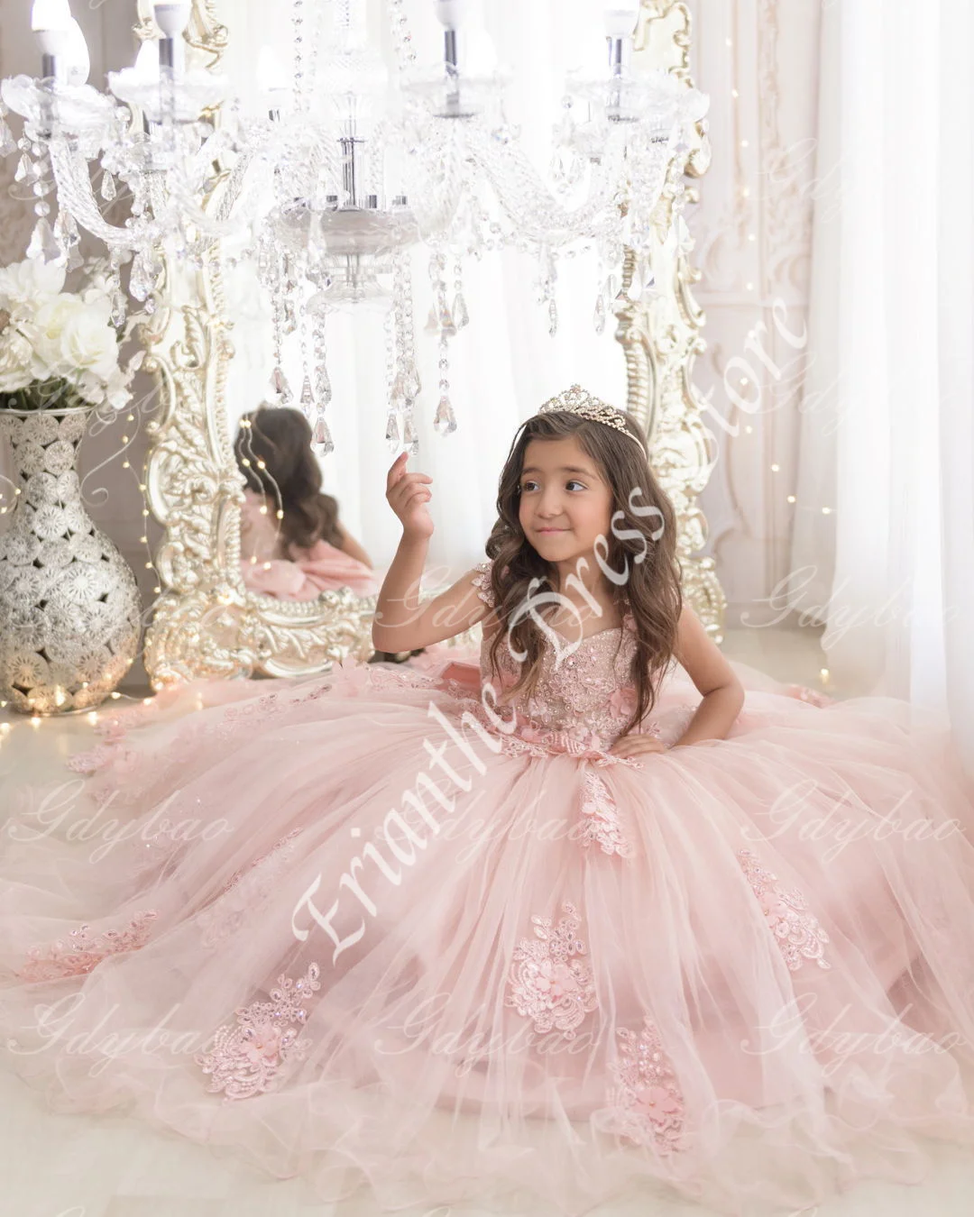 

Elegant Customized Flower Girl Dress For Wedding Tulle Puffy Applique Lace With Bow Child First Eucharistic Birthday Party Dress