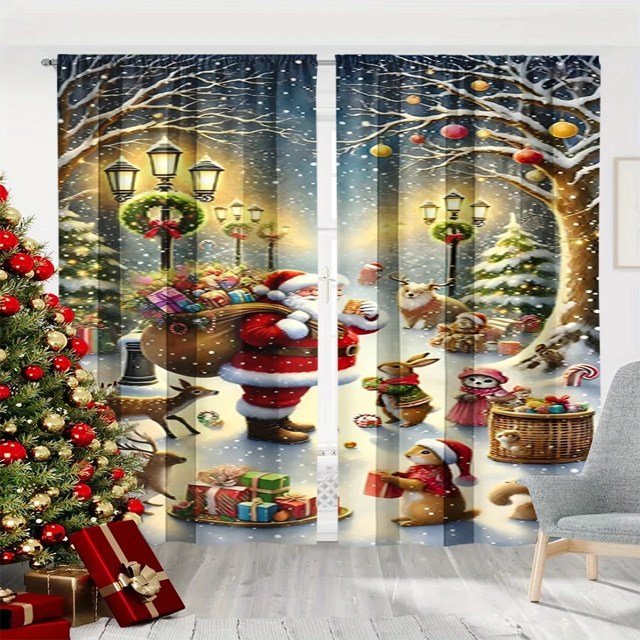 2PCS Digital Print Curtain, Santa Delivering Gifts with Forest Animals, Reindeer Rabbits Squirrels, Snowy, for Window Home Decor