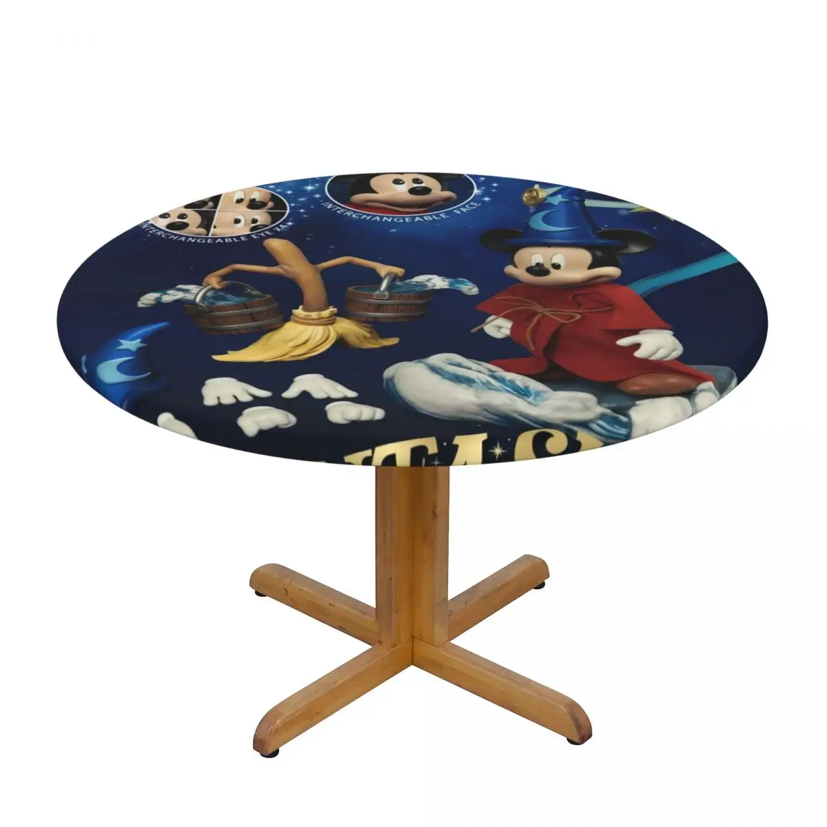 Round Waterproof Oil-Proof Disney Fantasia Movies Mickey Mouse Anime Music Tablecloth Backed Elastic Table Cover Fit Table Cloth