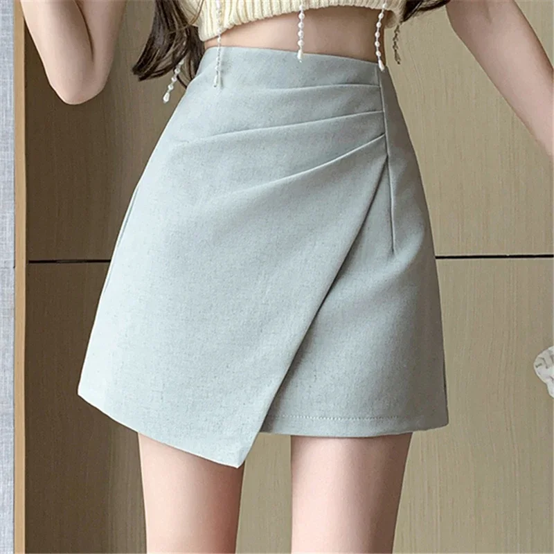 

Seoulish Pleated Skirts for Women Spring Summer New Solid Color High Waist Office Lady A-line Suit Short Wrapped Skirts