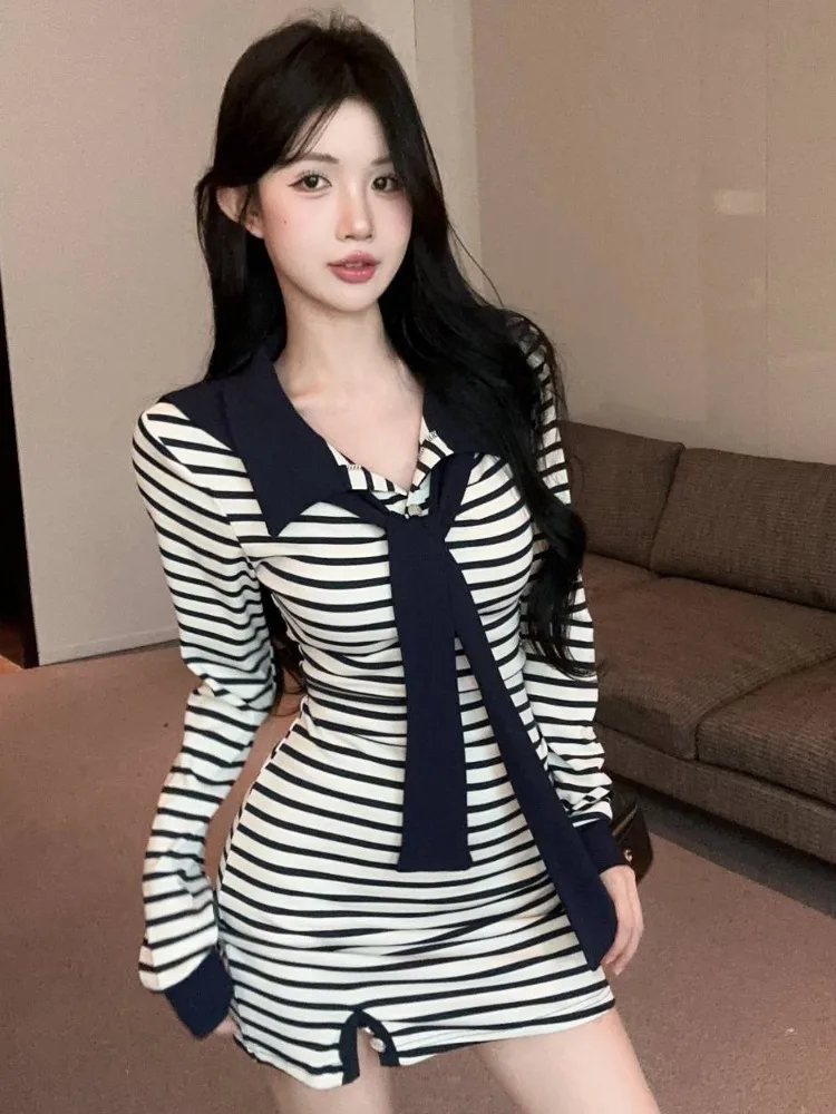 

Collar Shawl Stripe Women's Dress Autumn Winter Pure Desirable Sexy Wrap around Skirt Design Casual Commute Korean Style