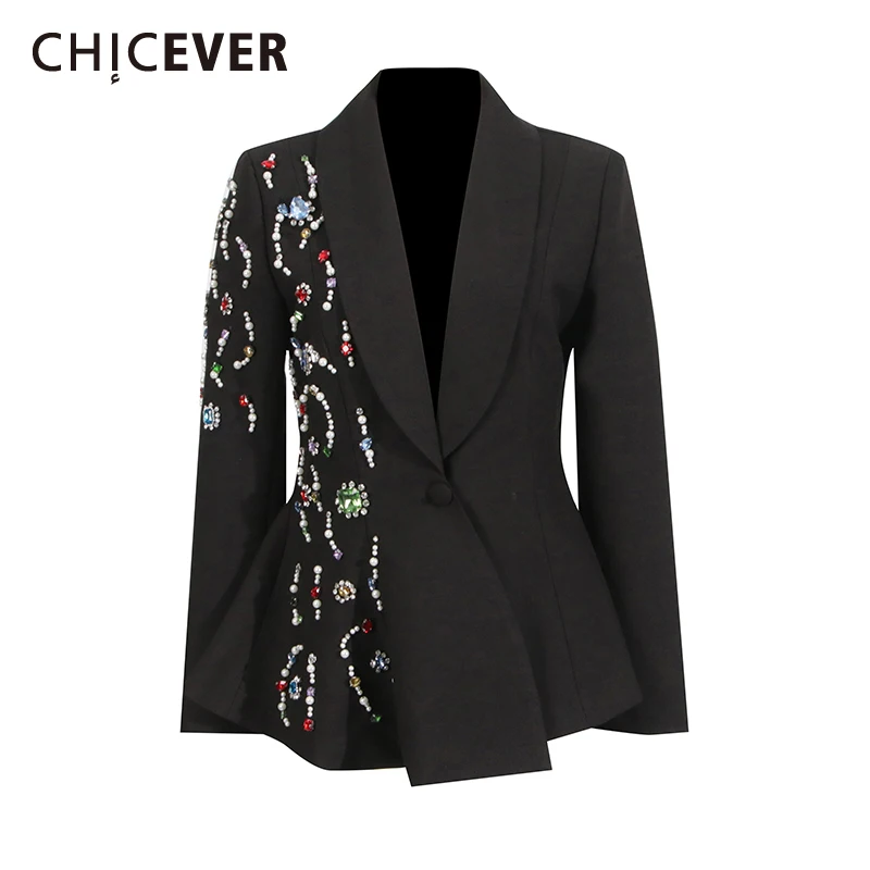 

CHICEVER черный шикарный пиджак с бисером, женский утягивающий французский пиджак с лацканами и длинными рукавами, осенняя мода, новинка