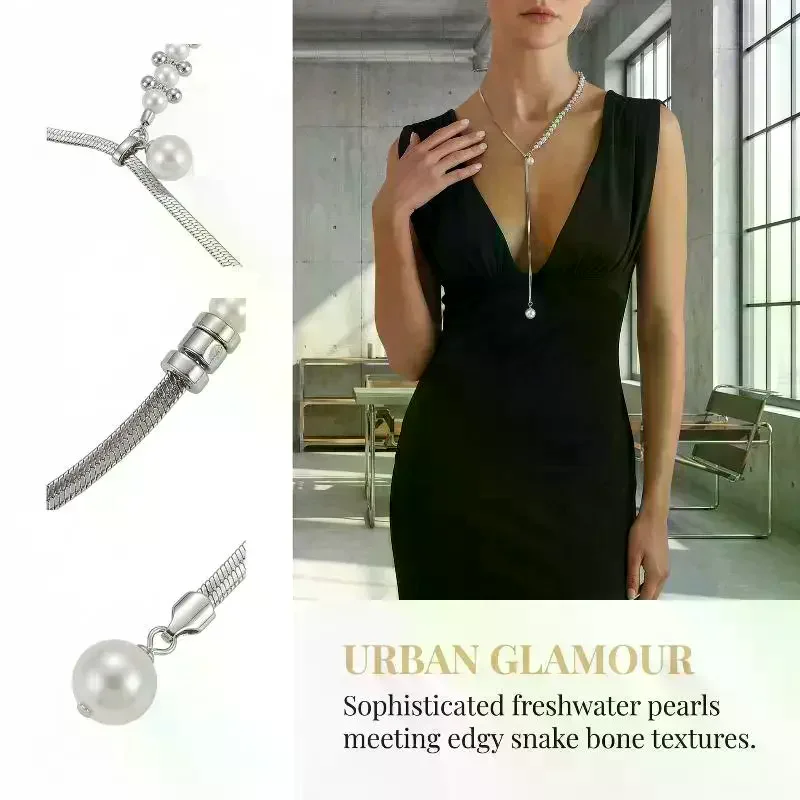 Fashion Pearl Snake Bone Chain Bead Splicing Necklace Minimalist Broken Silver Necklace Tassel Collarbone Chain Jewelry Gifts
