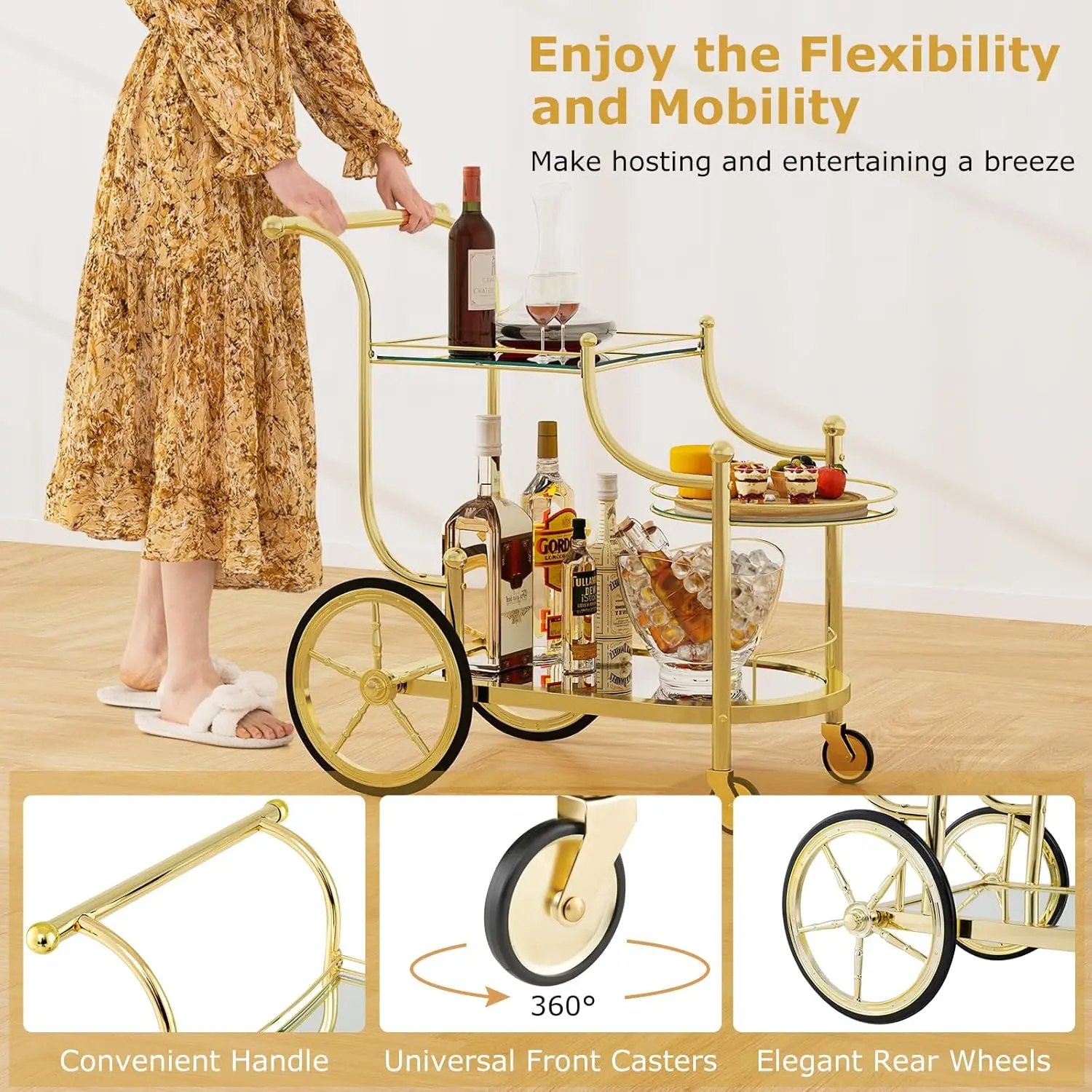 عربة بار دوارة ذهبية مكونة من 3 طبقات مع أرفف عاكسة و4 عجلات للمطبخ وتناول الطعام وغرفة المعيشة #6