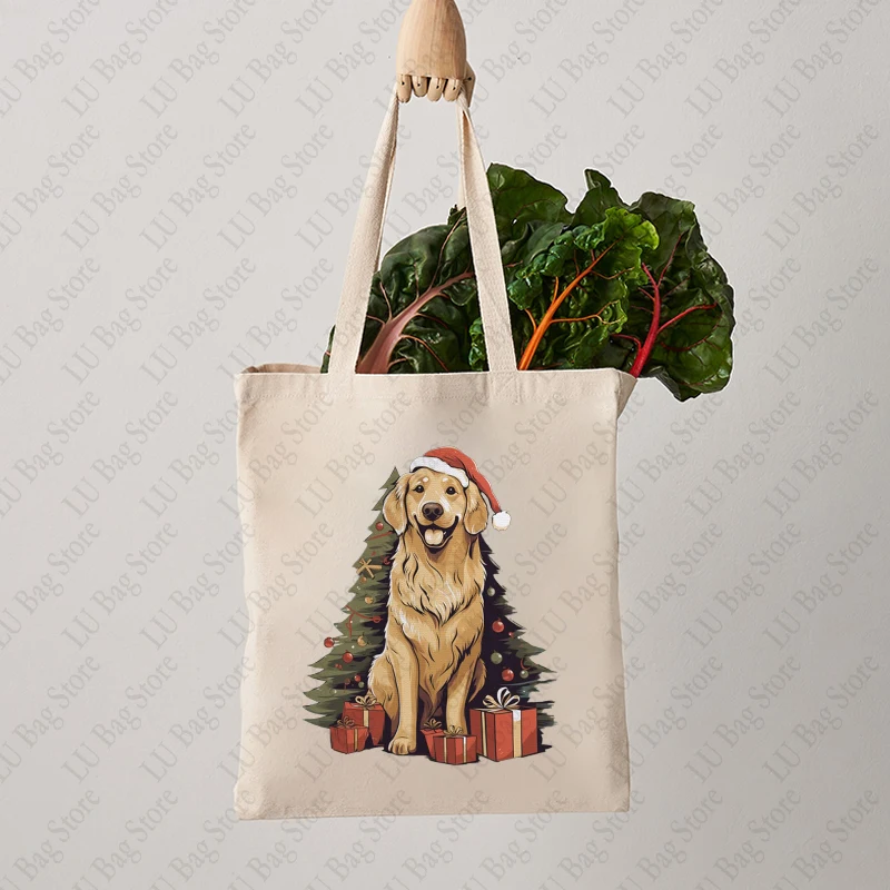 Bolso de mano con patrón navideño de árbol de Navidad y divertido Papá Noel Golden Retriever, bolsos de hombro de lona para el día a día, el mejor regalo para Navidad