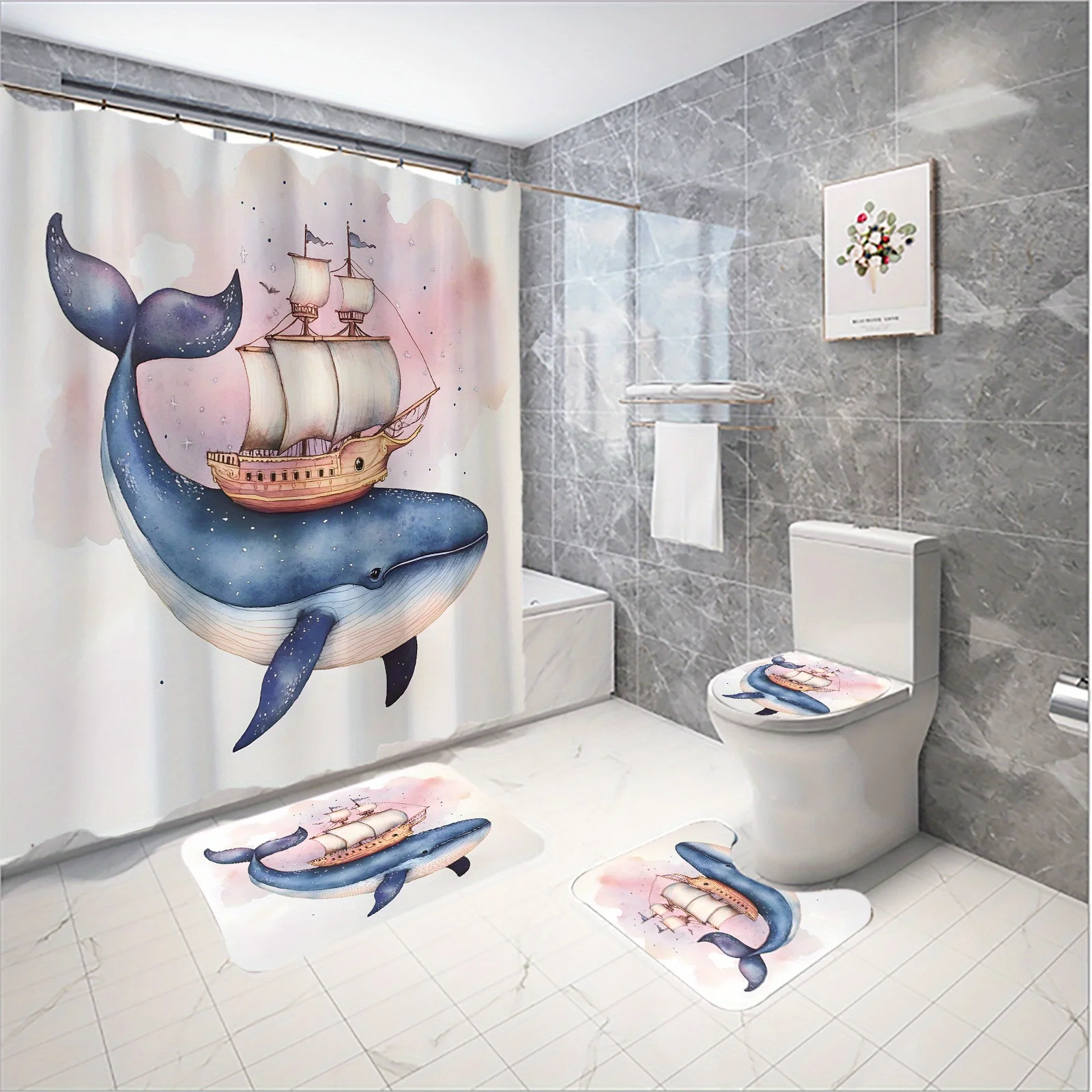 

Whale and Ship Bathroom 4-Piece Set: Shower Curtain, Bath Mat, Toilet Cover, Tank Cover – Nautical and Dreamy Decor