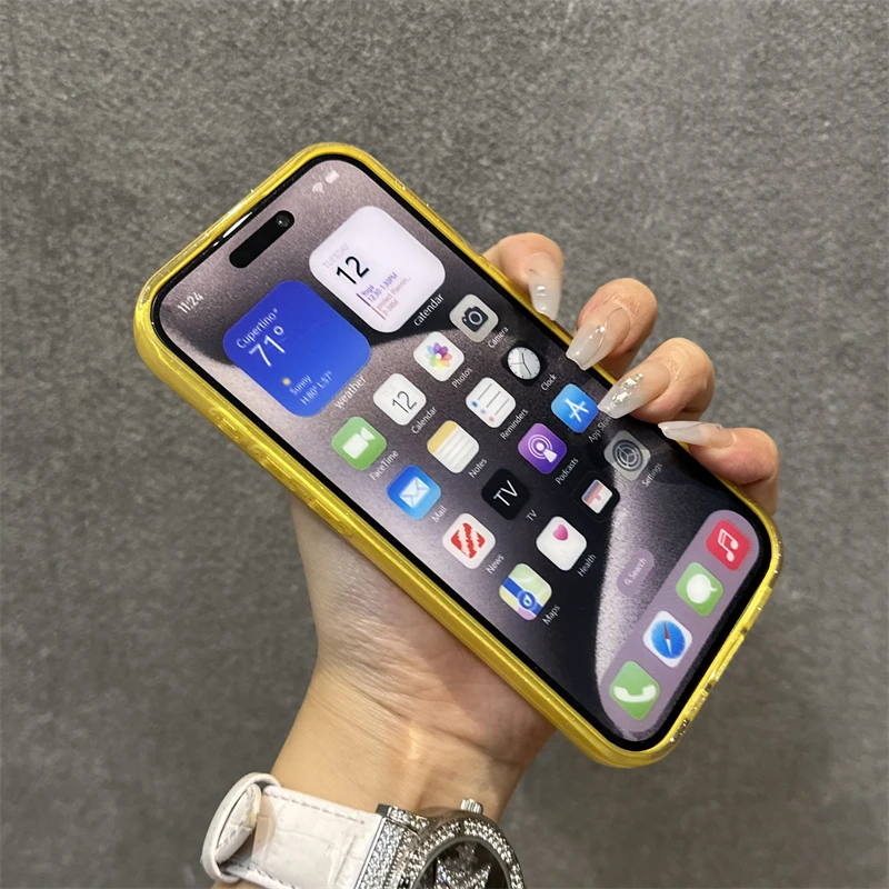 Coque de téléphone à paillettes jaune fluorescent brillant, étui en Silicone souple pour iPhone 17 16 15 13 14 12 11 Pro Max 16e XS XR X 7 8 Plus SE