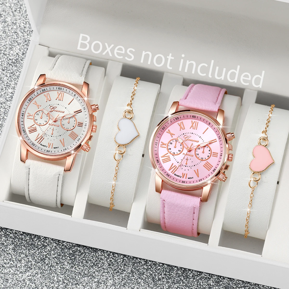 4PCS Fashion Women Watches Simple Roma Dial Quartz Watch Ladies Leather Band Wristwatches Heart Bracelets Set(Without Box)